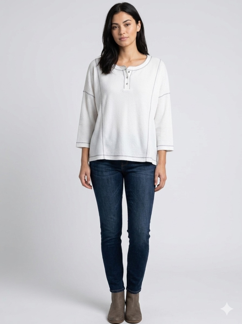 In Loom Thermal Waffle Knit Henley Top NWT White Gray Large